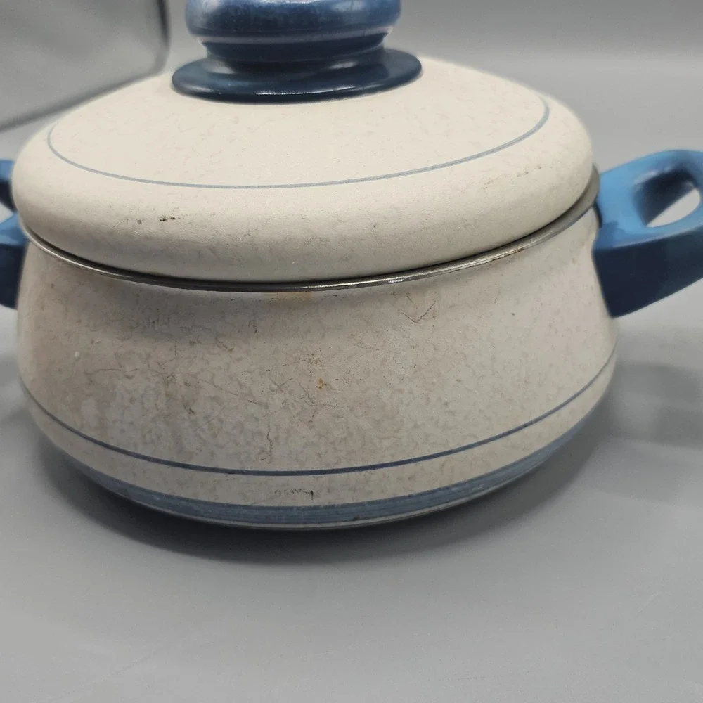 Vintage Silit Enamel Blue 1 QT Saucepot & Lid 60s Double Handle Mid Century